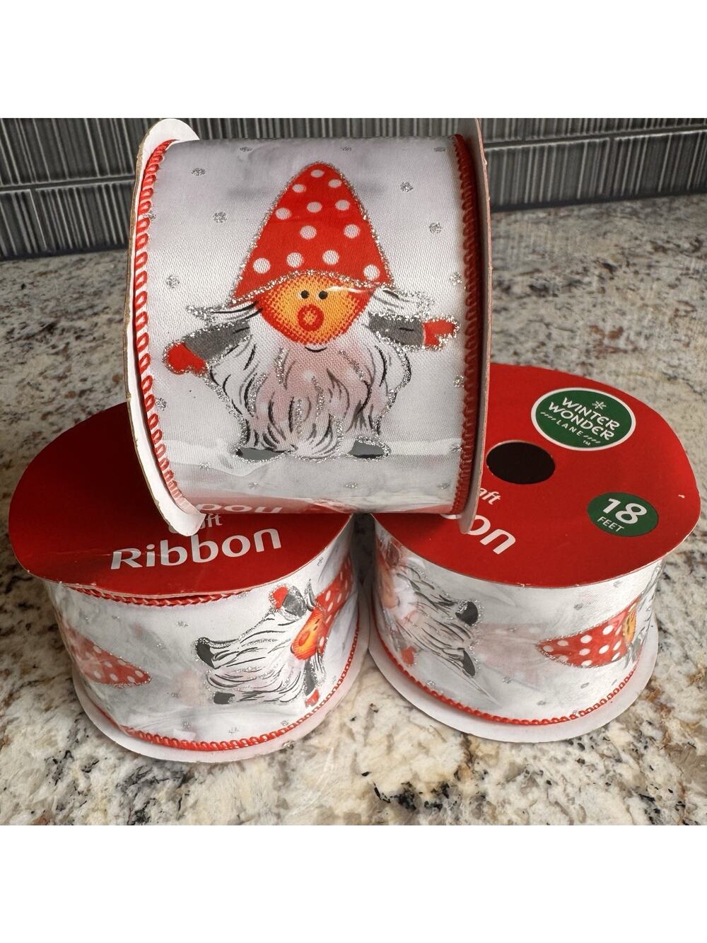 Christmas Gnomes Holiday Ribbon (3) Wire Edged, 18' Per Roll (54 Total), 2" Wide